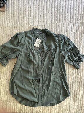 Nordstrom Green Ruffle-Trim Button Front Blouse